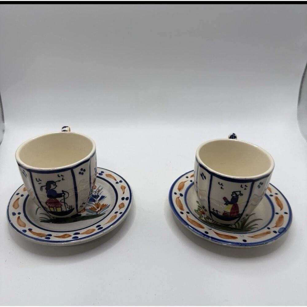 2- Vintage Very Rare Henriot Quimper 1984 France Teacup W/ Saucer Boy Painted